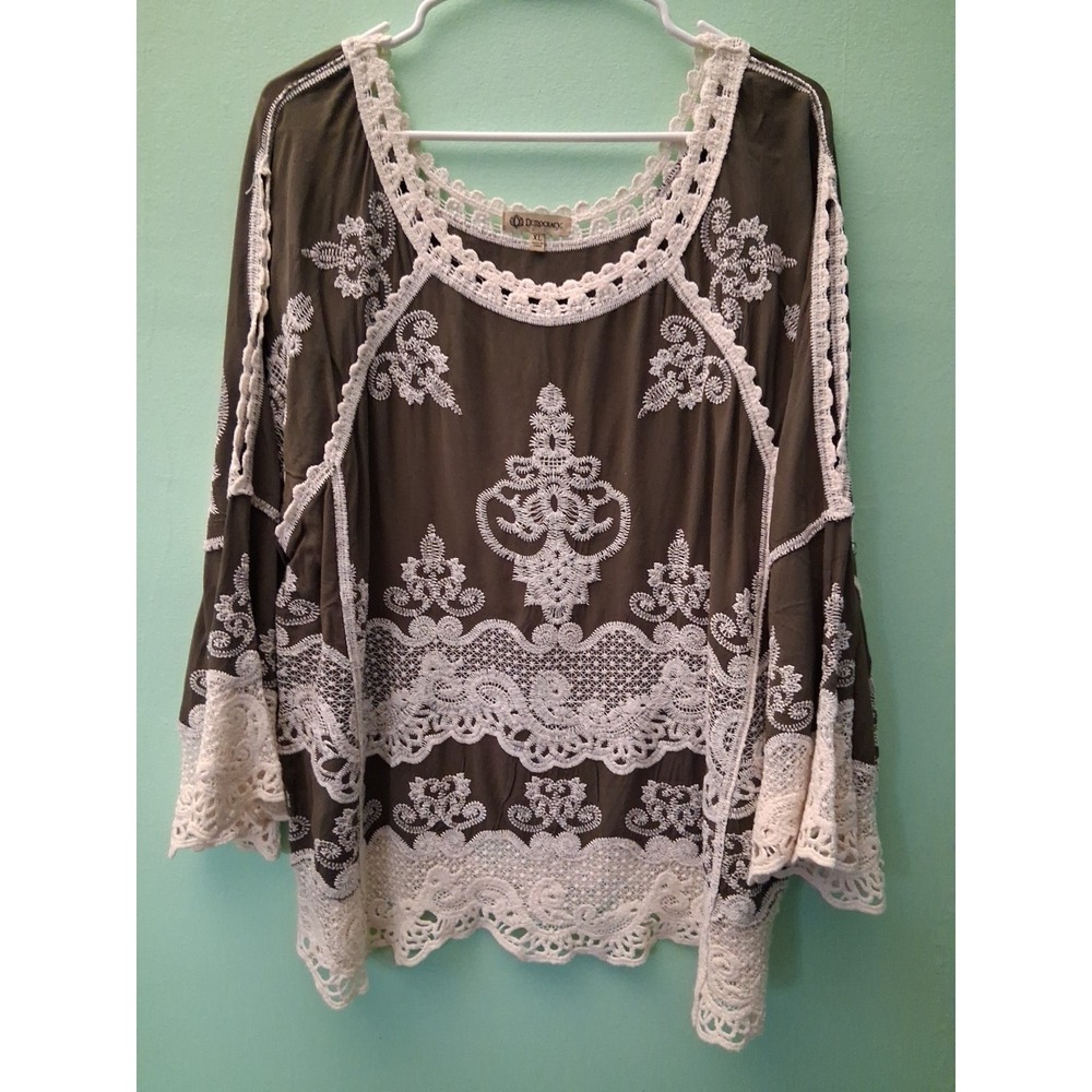 Olive Green Embroidered Open Sleeve Crochet Bell Sl Boho Festival Hippie Top XL